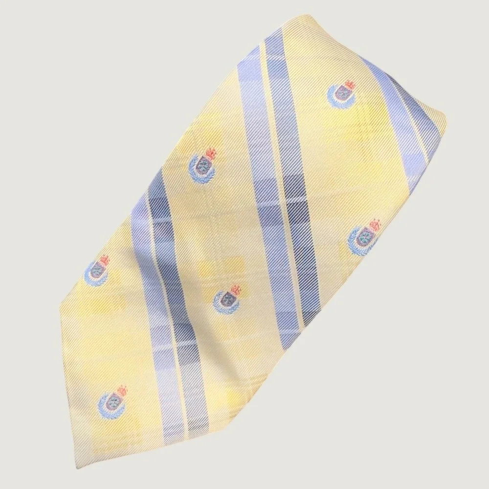 1417 | Harve Benard Silk Plaid Crest Embroidered Necktie Yellow Blue Mens OS
